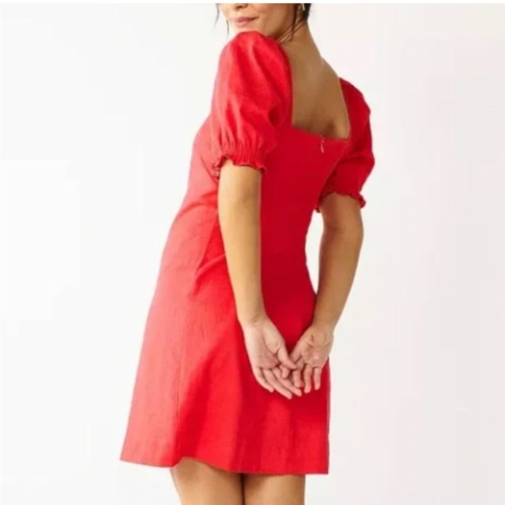 Draper James RSVP Red Square neck Puff Sleeve Linen Blend Dress, Size M a NWT